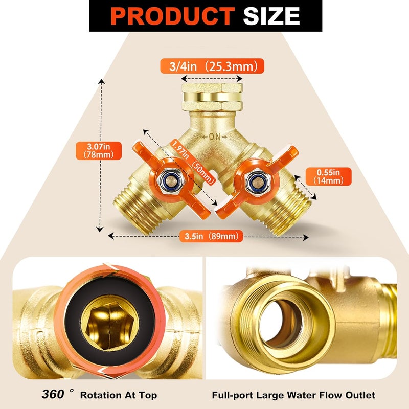 Qvamodo Full Flow Hose Splitter, Hose Splitters 2 Way Heavy Duty Brass Faucet Splitter with Shutoff, All Metal Hose Y Spigot Splitter 2 Way, Outdoor Faucet Water Hose Splitter, Y Valve Tap for Outdoor Faucet - Image 4